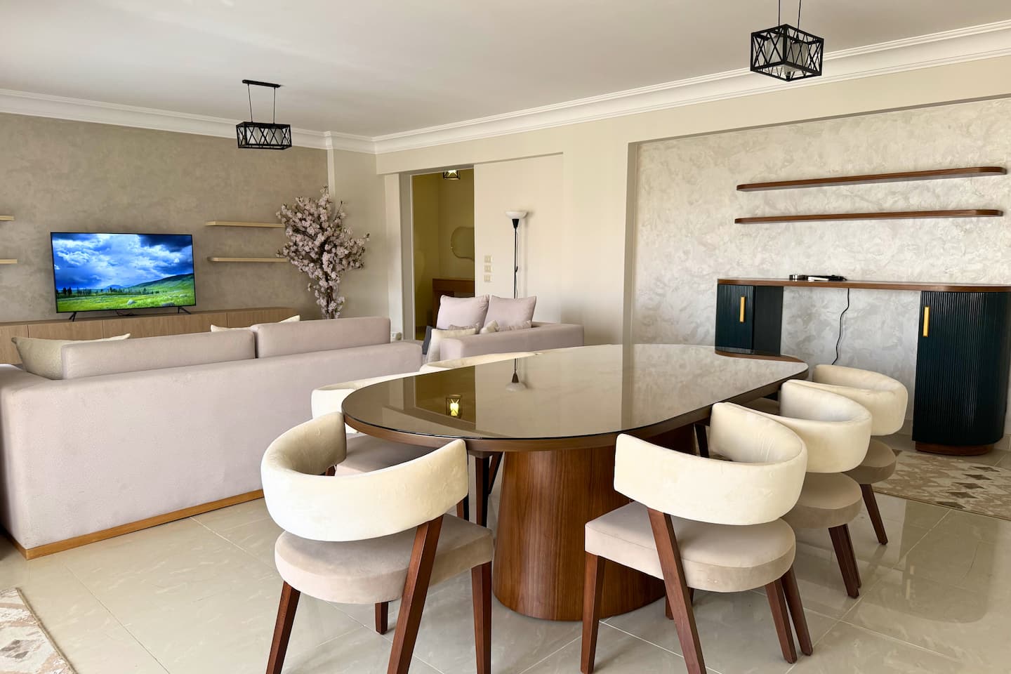 Spacious 3BR living room with terrace views